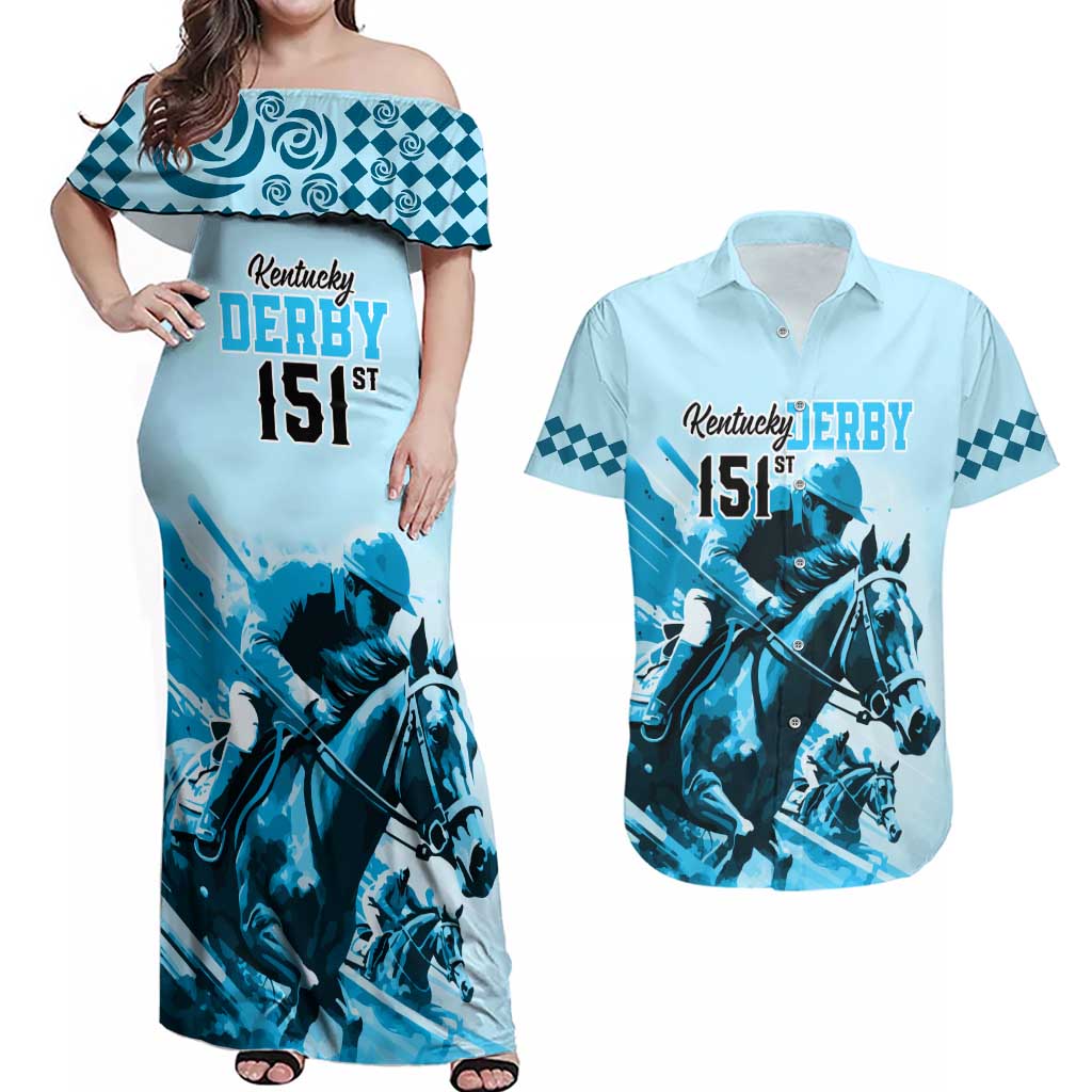Kentucky Horse Racing Couples Matching Off Shoulder Maxi Dress and Hawaiian Shirt 151st Anniversary Sporting Art Blue Version LT9