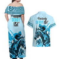 Kentucky Horse Racing Couples Matching Off Shoulder Maxi Dress and Hawaiian Shirt 151st Anniversary Sporting Art Blue Version LT9