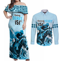 Kentucky Horse Racing Couples Matching Off Shoulder Maxi Dress and Long Sleeve Button Shirts 151st Anniversary Sporting Art Blue Version LT9