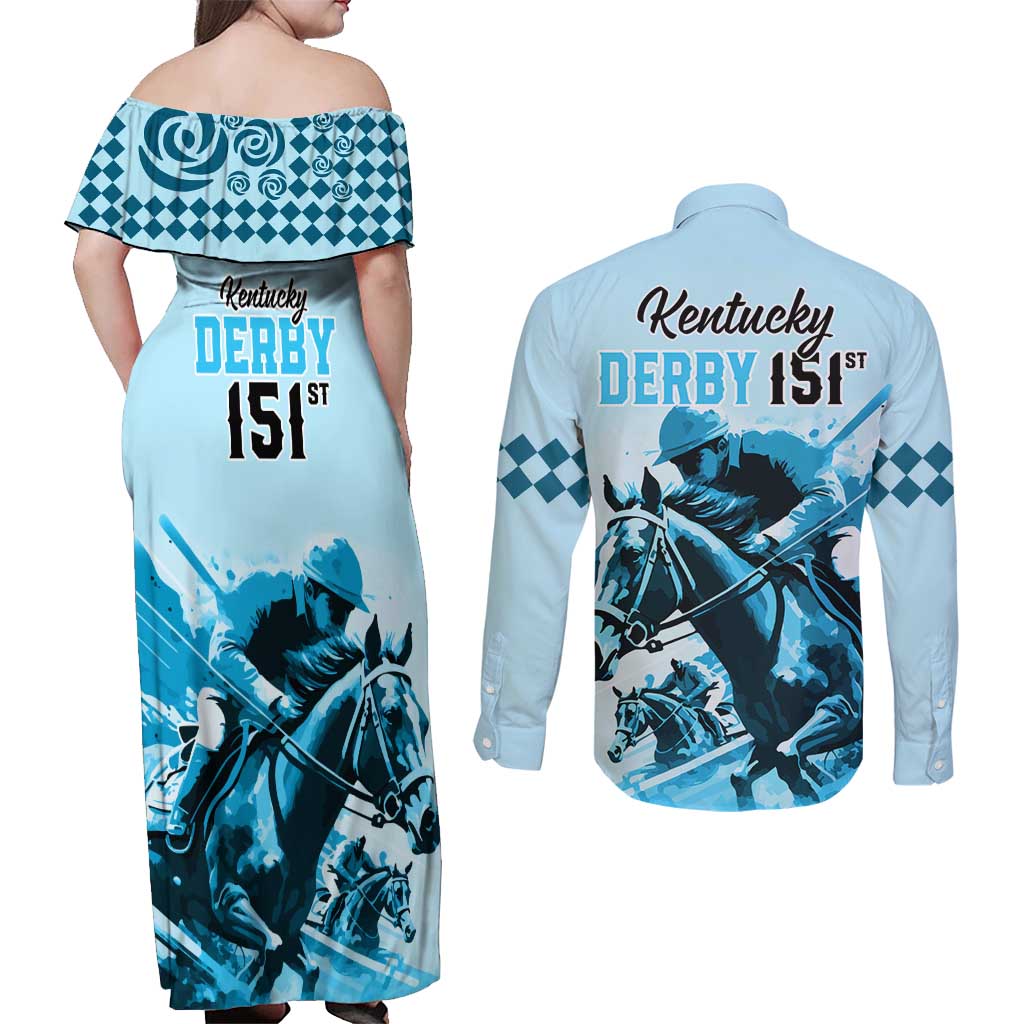 Kentucky Horse Racing Couples Matching Off Shoulder Maxi Dress and Long Sleeve Button Shirts 151st Anniversary Sporting Art Blue Version LT9