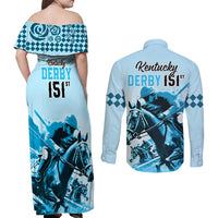 Kentucky Horse Racing Couples Matching Off Shoulder Maxi Dress and Long Sleeve Button Shirts 151st Anniversary Sporting Art Blue Version LT9