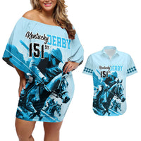 Kentucky Horse Racing Couples Matching Off Shoulder Short Dress and Hawaiian Shirt 151st Anniversary Sporting Art Blue Version LT9