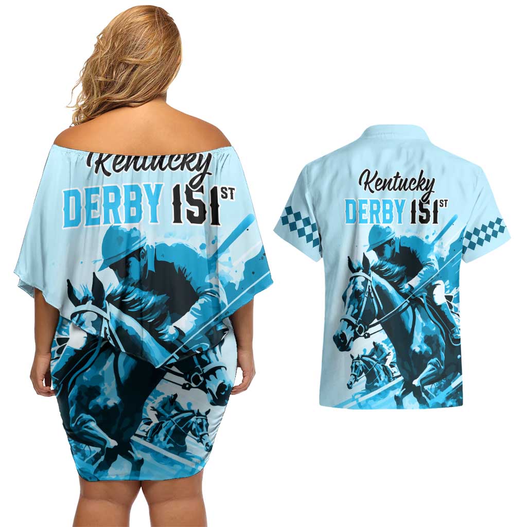Kentucky Horse Racing Couples Matching Off Shoulder Short Dress and Hawaiian Shirt 151st Anniversary Sporting Art Blue Version LT9