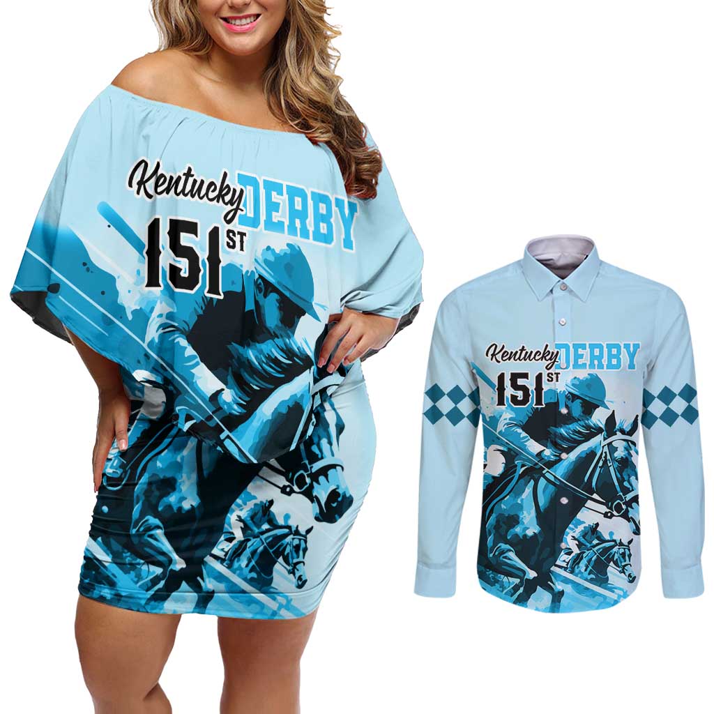 Kentucky Horse Racing Couples Matching Off Shoulder Short Dress and Long Sleeve Button Shirts 151st Anniversary Sporting Art Blue Version LT9