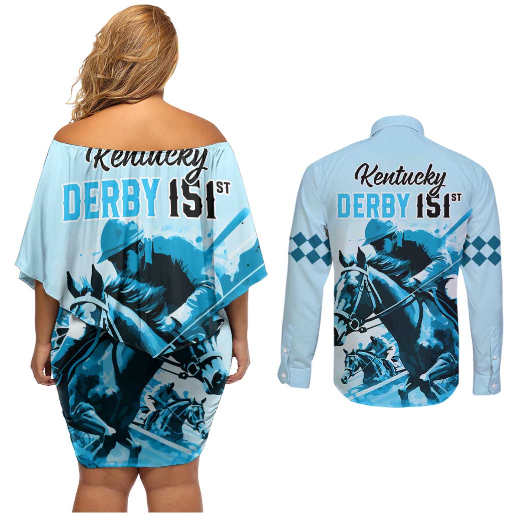 Kentucky Horse Racing Couples Matching Off Shoulder Short Dress and Long Sleeve Button Shirts 151st Anniversary Sporting Art Blue Version LT9
