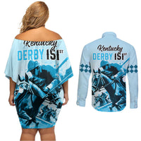 Kentucky Horse Racing Couples Matching Off Shoulder Short Dress and Long Sleeve Button Shirts 151st Anniversary Sporting Art Blue Version LT9