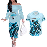 Kentucky Horse Racing Couples Matching Off The Shoulder Long Sleeve Dress and Hawaiian Shirt 151st Anniversary Sporting Art Blue Version LT9