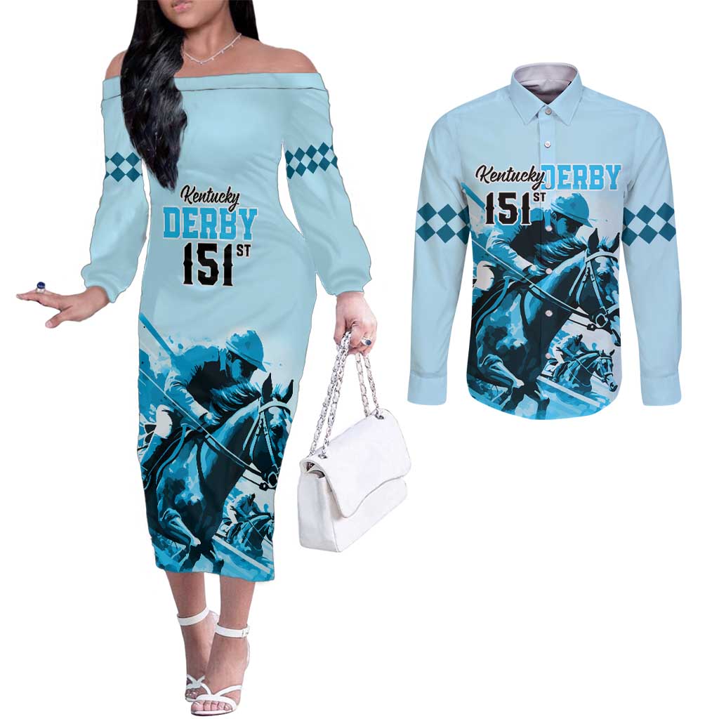 Kentucky Horse Racing Couples Matching Off The Shoulder Long Sleeve Dress and Long Sleeve Button Shirts 151st Anniversary Sporting Art Blue Version LT9