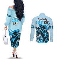 Kentucky Horse Racing Couples Matching Off The Shoulder Long Sleeve Dress and Long Sleeve Button Shirts 151st Anniversary Sporting Art Blue Version LT9
