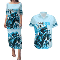 Kentucky Horse Racing Couples Matching Puletasi Dress and Hawaiian Shirt 151st Anniversary Sporting Art Blue Version LT9