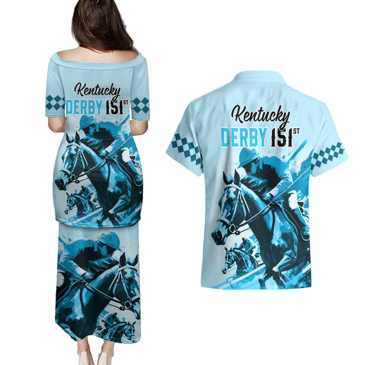 Kentucky Horse Racing Couples Matching Puletasi Dress and Hawaiian Shirt 151st Anniversary Sporting Art Blue Version LT9