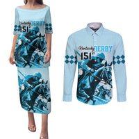 Kentucky Horse Racing Couples Matching Puletasi Dress and Long Sleeve Button Shirts 151st Anniversary Sporting Art Blue Version LT9