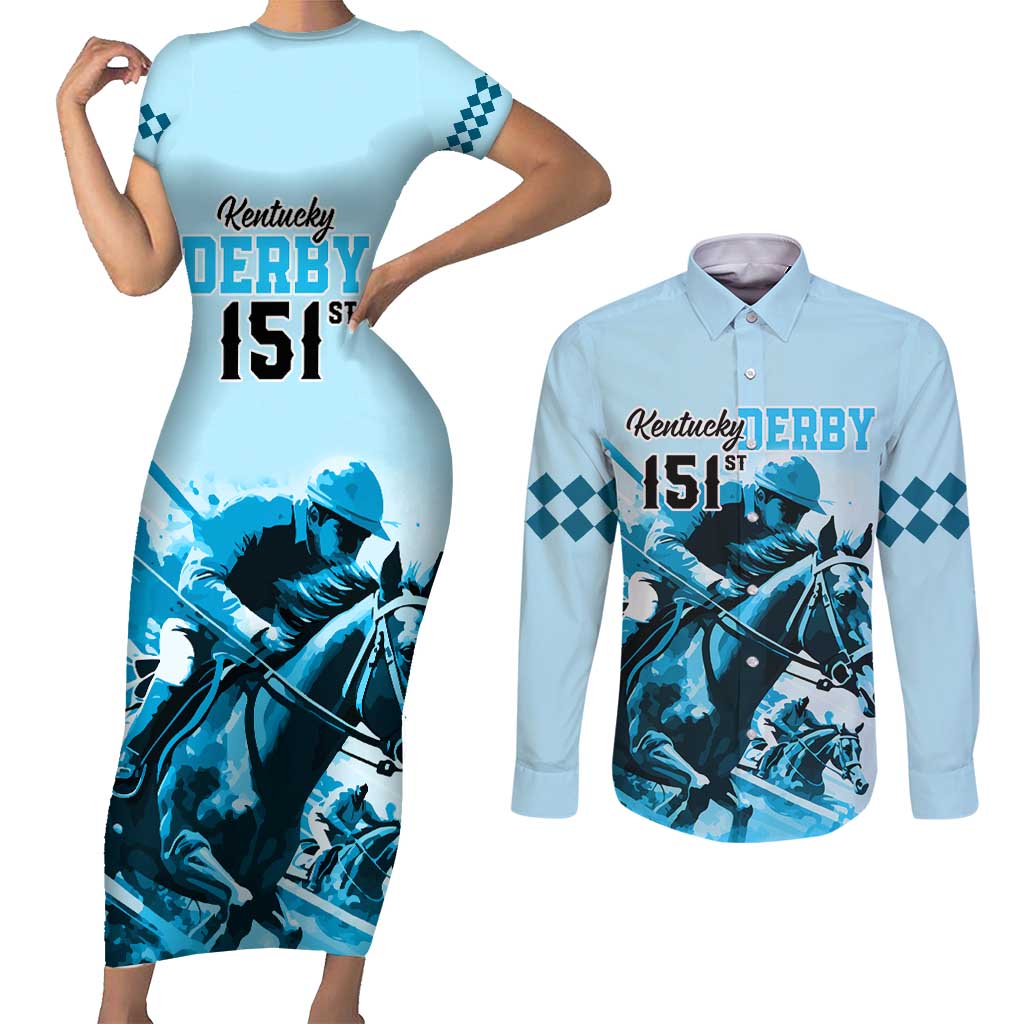 Kentucky Horse Racing Couples Matching Short Sleeve Bodycon Dress and Long Sleeve Button Shirts 151st Anniversary Sporting Art Blue Version LT9
