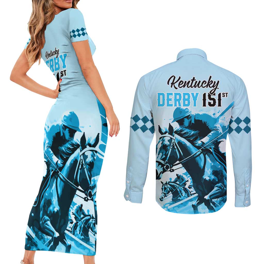 Kentucky Horse Racing Couples Matching Short Sleeve Bodycon Dress and Long Sleeve Button Shirts 151st Anniversary Sporting Art Blue Version LT9