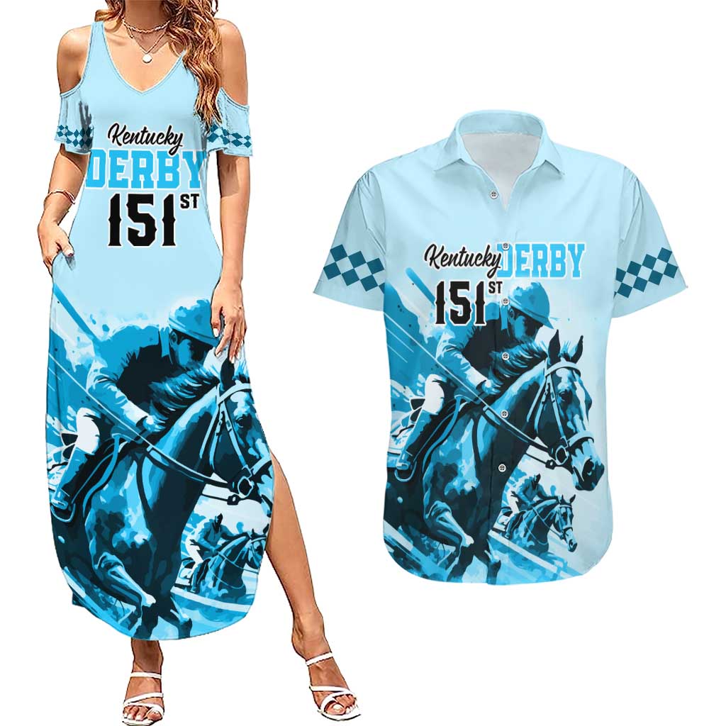 Kentucky Horse Racing Couples Matching Summer Maxi Dress and Hawaiian Shirt 151st Anniversary Sporting Art Blue Version LT9