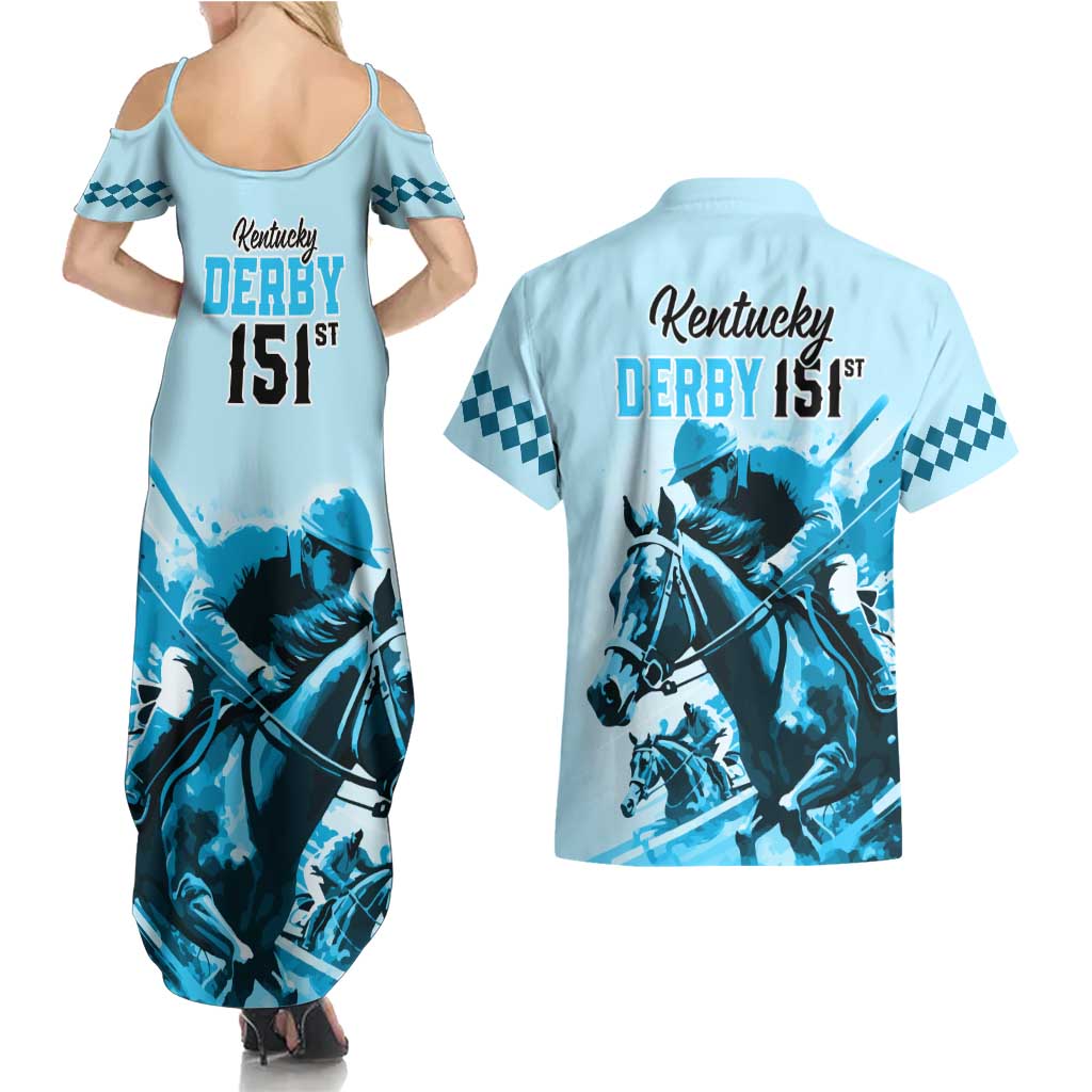Kentucky Horse Racing Couples Matching Summer Maxi Dress and Hawaiian Shirt 151st Anniversary Sporting Art Blue Version LT9