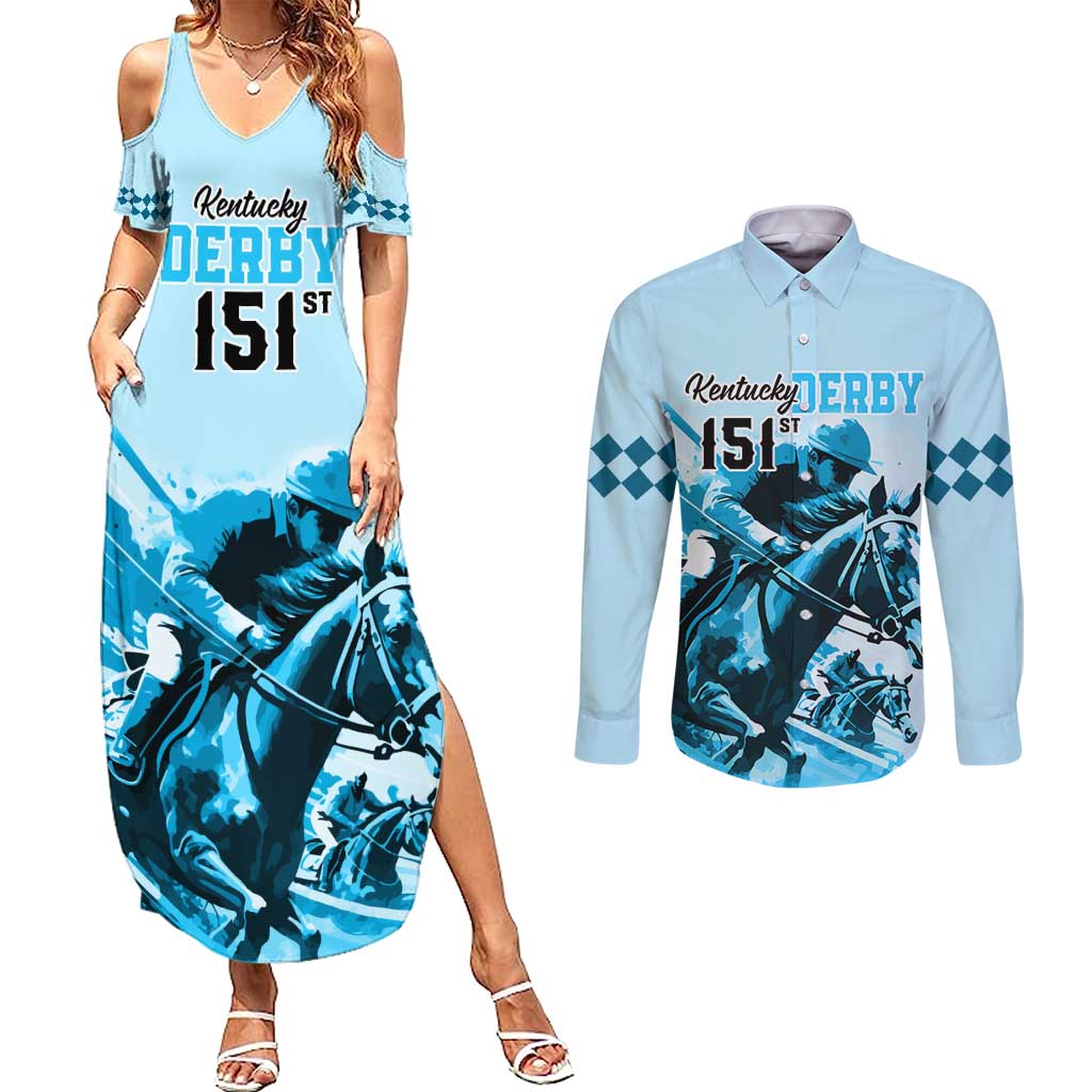 Kentucky Horse Racing Couples Matching Summer Maxi Dress and Long Sleeve Button Shirts 151st Anniversary Sporting Art Blue Version LT9