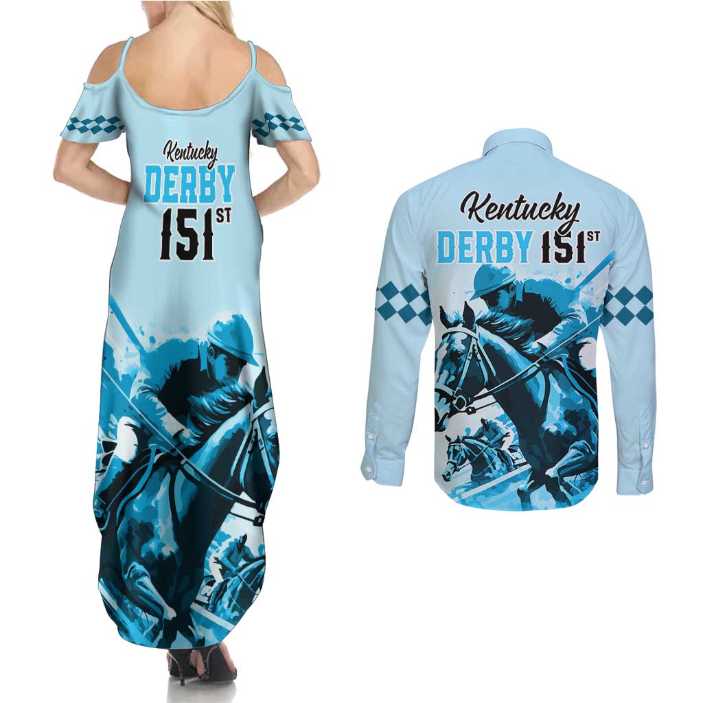 Kentucky Horse Racing Couples Matching Summer Maxi Dress and Long Sleeve Button Shirts 151st Anniversary Sporting Art Blue Version LT9