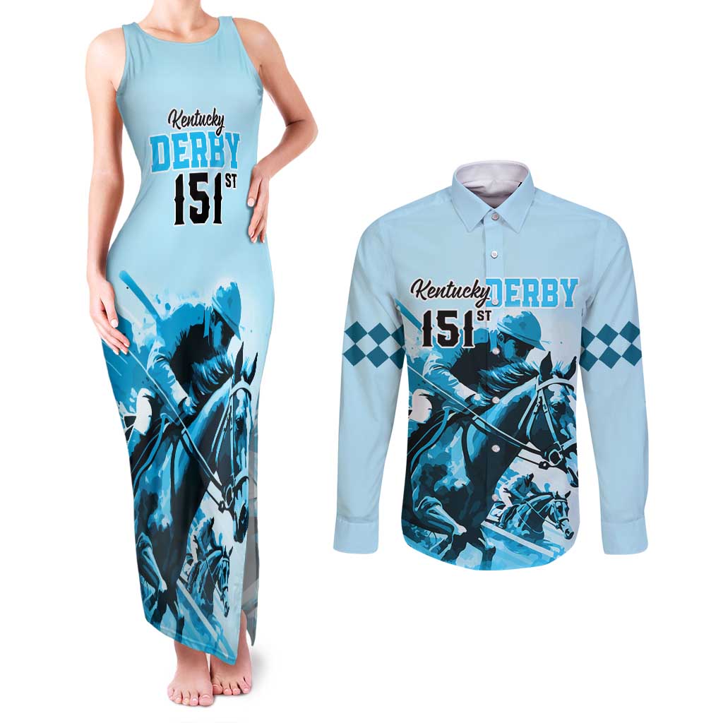 Kentucky Horse Racing Couples Matching Tank Maxi Dress and Long Sleeve Button Shirts 151st Anniversary Sporting Art Blue Version LT9