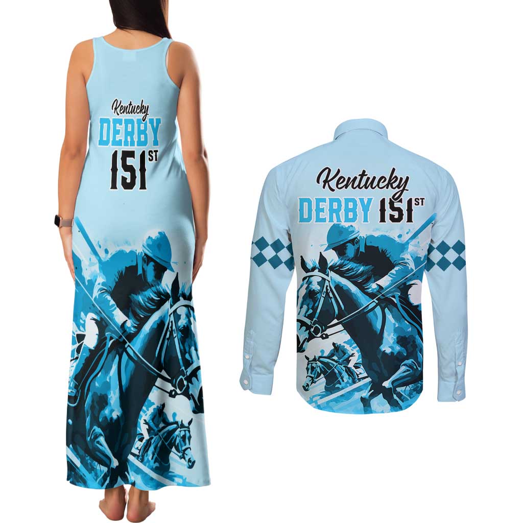 Kentucky Horse Racing Couples Matching Tank Maxi Dress and Long Sleeve Button Shirts 151st Anniversary Sporting Art Blue Version LT9