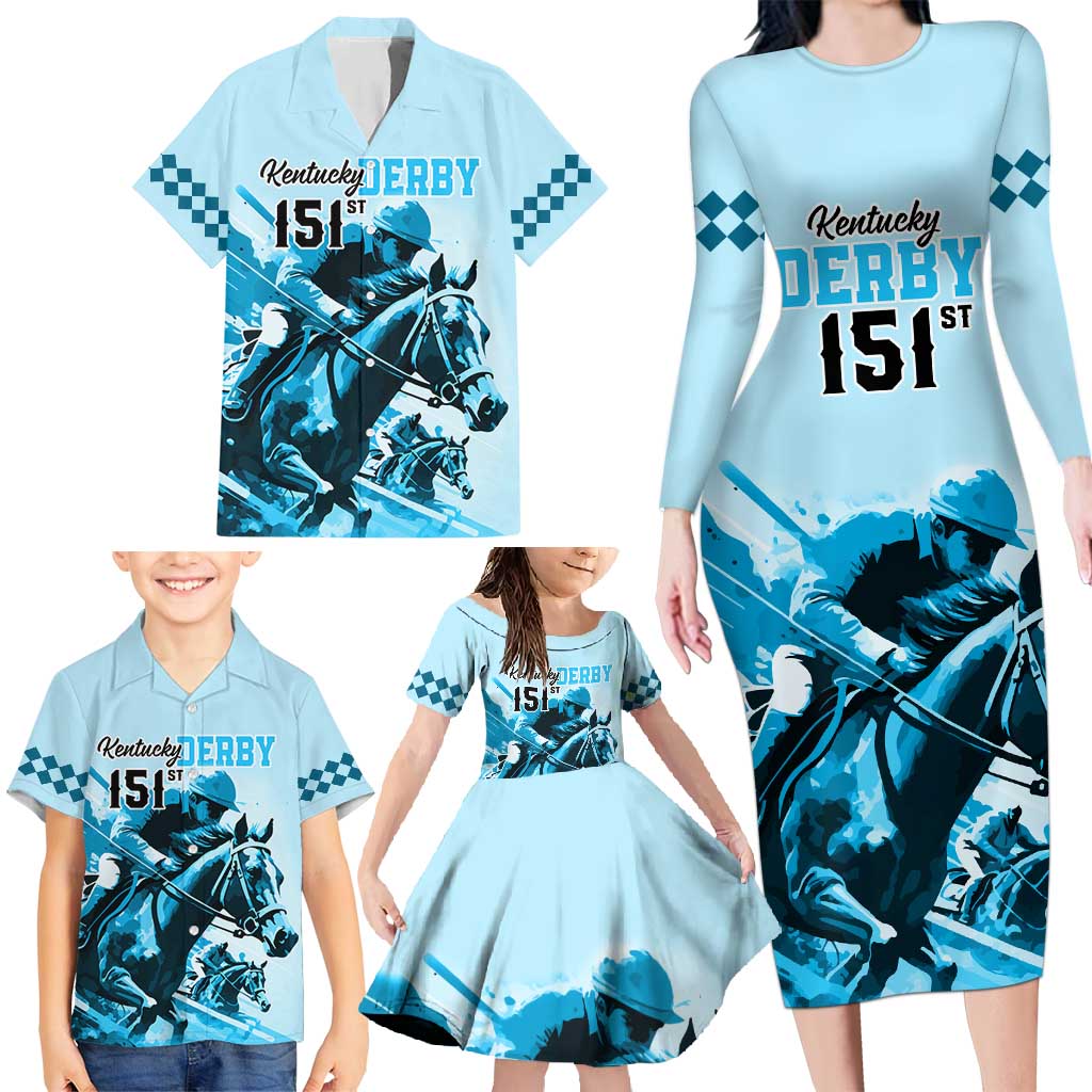 Kentucky Horse Racing Family Matching Long Sleeve Bodycon Dress and Hawaiian Shirt 151st Anniversary Sporting Art Blue Version LT9