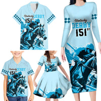 Kentucky Horse Racing Family Matching Long Sleeve Bodycon Dress and Hawaiian Shirt 151st Anniversary Sporting Art Blue Version LT9