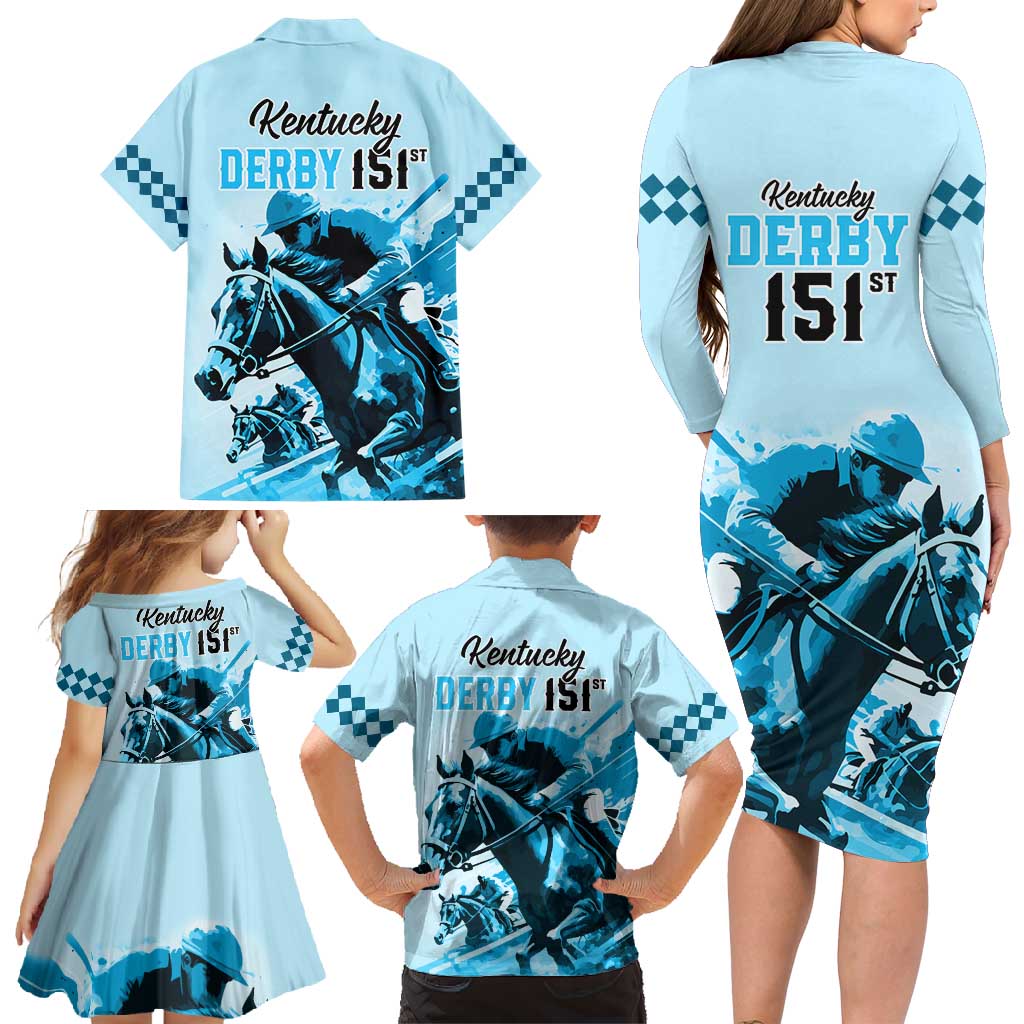 Kentucky Horse Racing Family Matching Long Sleeve Bodycon Dress and Hawaiian Shirt 151st Anniversary Sporting Art Blue Version LT9