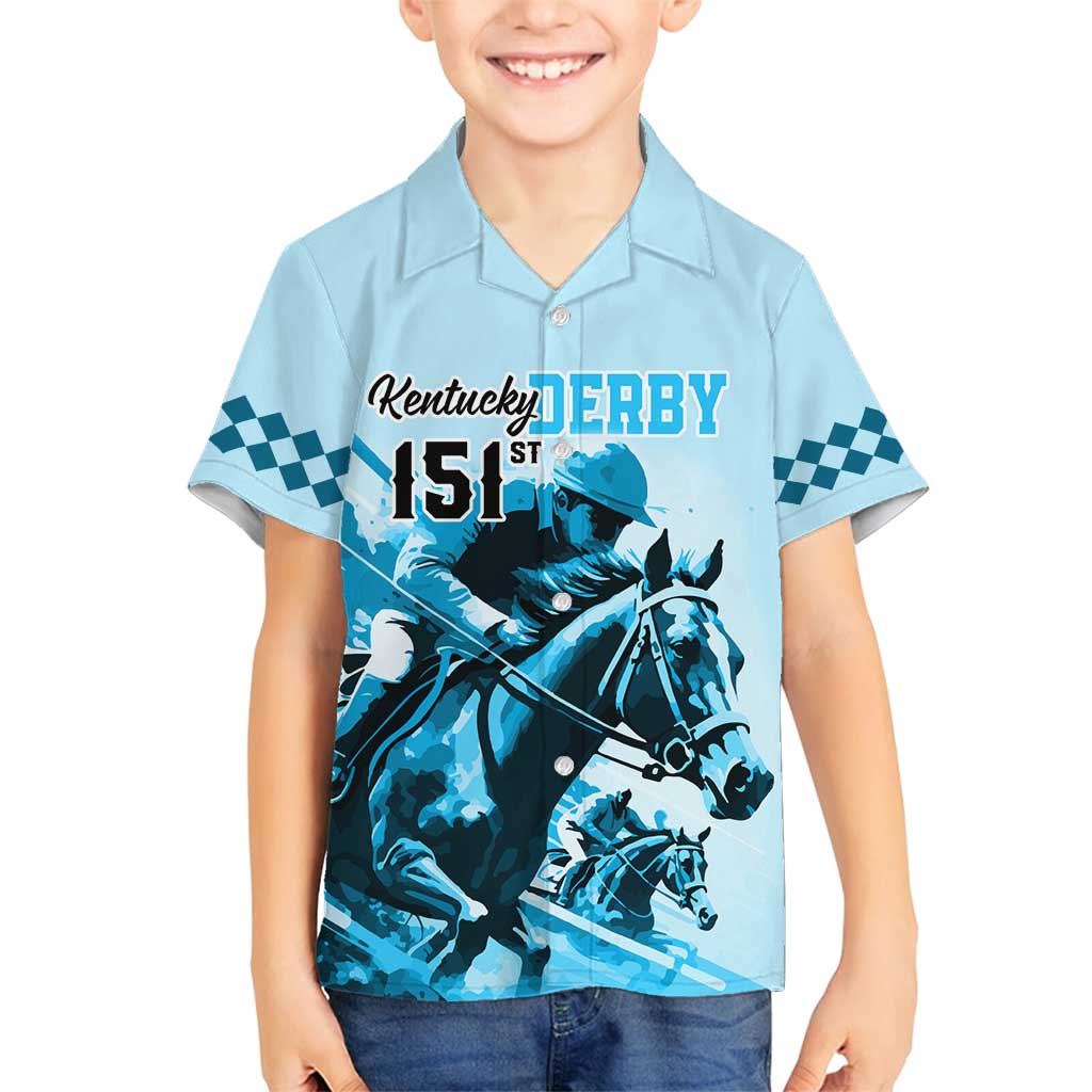 Kentucky Horse Racing Family Matching Long Sleeve Bodycon Dress and Hawaiian Shirt 151st Anniversary Sporting Art Blue Version LT9