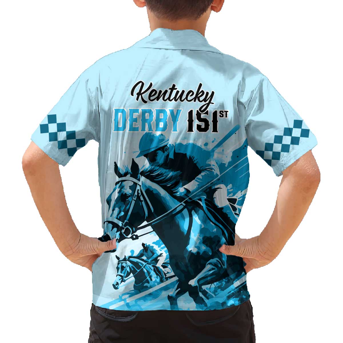 Kentucky Horse Racing Family Matching Off Shoulder Long Sleeve Dress and Hawaiian Shirt 151st Anniversary Sporting Art Blue Version LT9