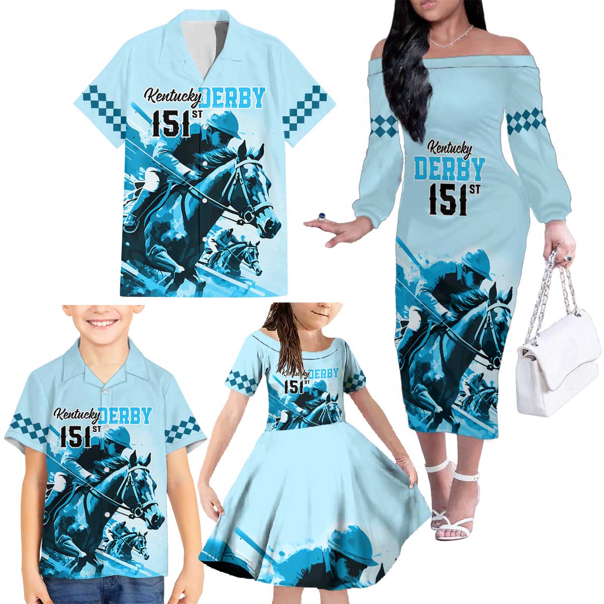 Kentucky Horse Racing Family Matching Off Shoulder Long Sleeve Dress and Hawaiian Shirt 151st Anniversary Sporting Art Blue Version LT9