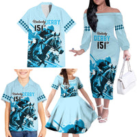 Kentucky Horse Racing Family Matching Off Shoulder Long Sleeve Dress and Hawaiian Shirt 151st Anniversary Sporting Art Blue Version LT9