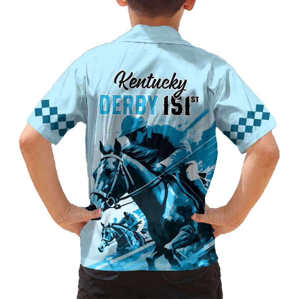 Kentucky Horse Racing Family Matching Off Shoulder Maxi Dress and Hawaiian Shirt 151st Anniversary Sporting Art Blue Version LT9