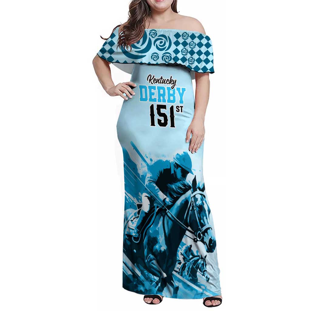 Kentucky Horse Racing Family Matching Off Shoulder Maxi Dress and Hawaiian Shirt 151st Anniversary Sporting Art Blue Version LT9