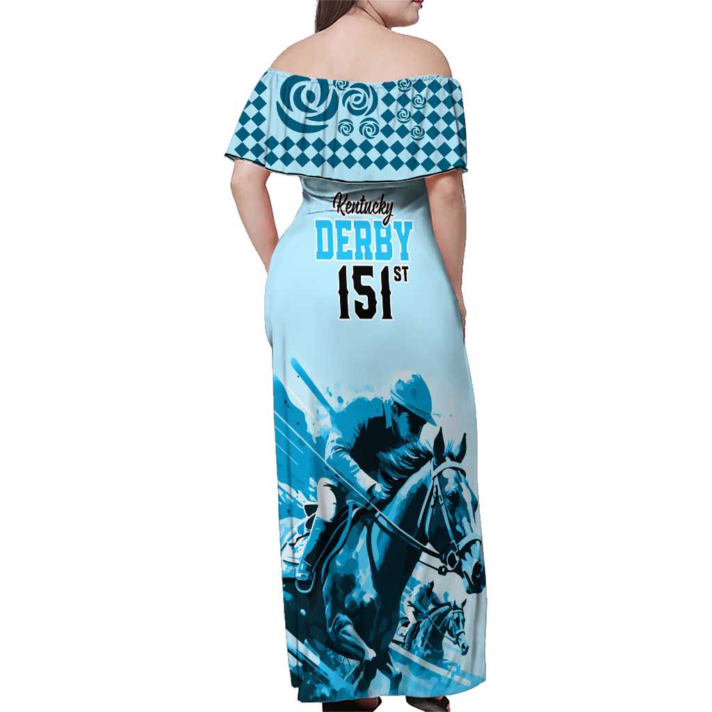 Kentucky Horse Racing Family Matching Off Shoulder Maxi Dress and Hawaiian Shirt 151st Anniversary Sporting Art Blue Version LT9
