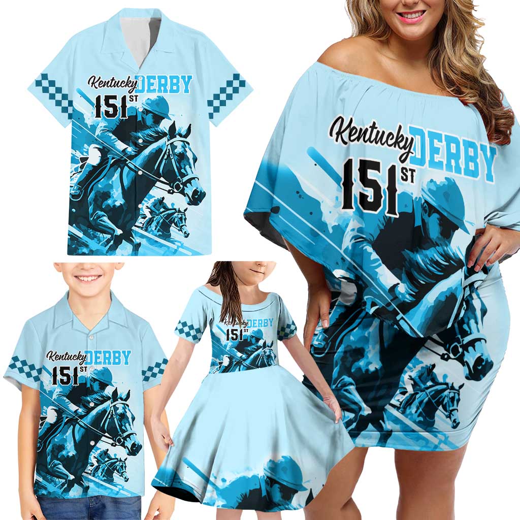 Kentucky Horse Racing Family Matching Off Shoulder Short Dress and Hawaiian Shirt 151st Anniversary Sporting Art Blue Version LT9