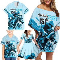 Kentucky Horse Racing Family Matching Off Shoulder Short Dress and Hawaiian Shirt 151st Anniversary Sporting Art Blue Version LT9