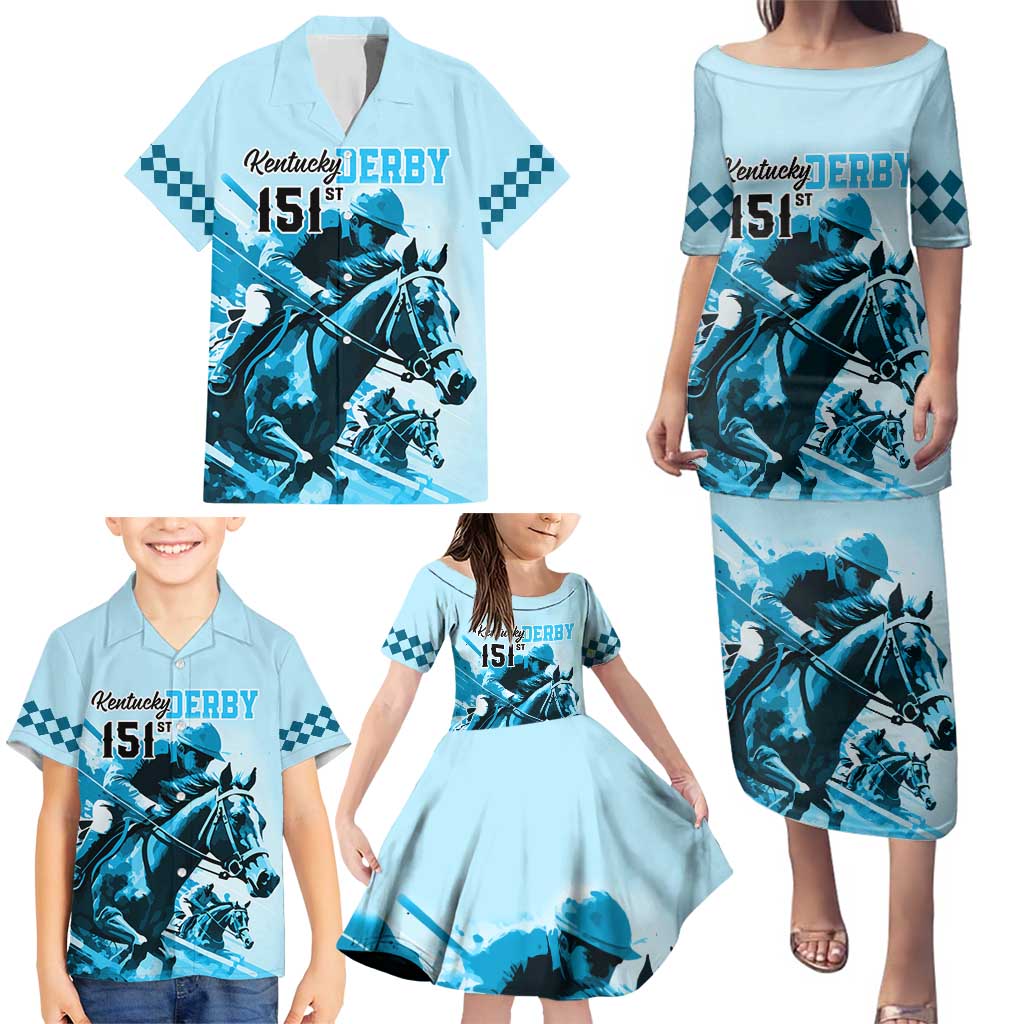 Kentucky Horse Racing Family Matching Puletasi Dress and Hawaiian Shirt 151st Anniversary Sporting Art Blue Version LT9