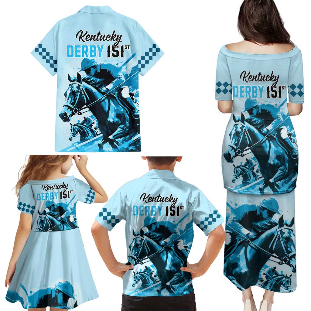 Kentucky Horse Racing Family Matching Puletasi Dress and Hawaiian Shirt 151st Anniversary Sporting Art Blue Version LT9