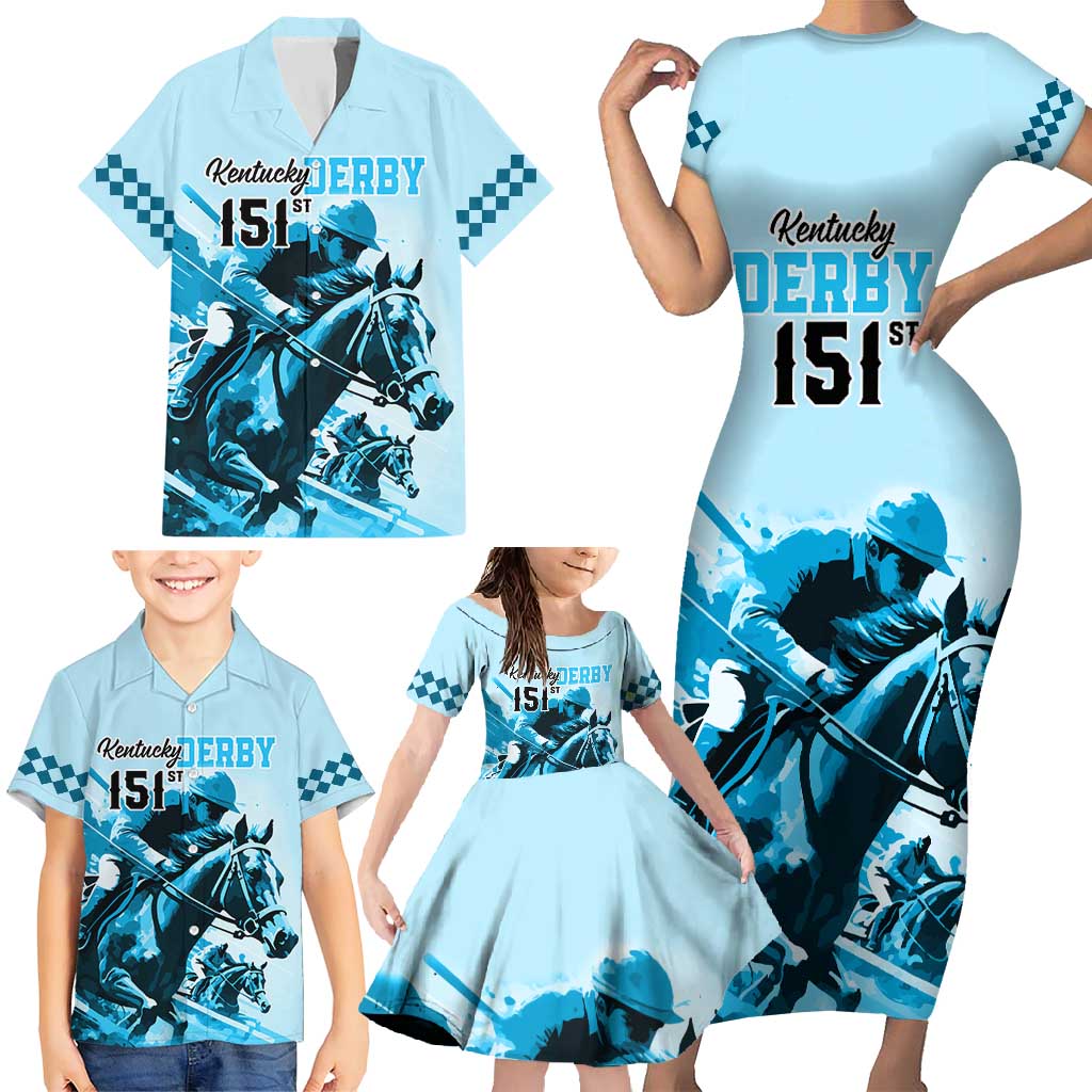 Kentucky Horse Racing Family Matching Short Sleeve Bodycon Dress and Hawaiian Shirt 151st Anniversary Sporting Art Blue Version LT9
