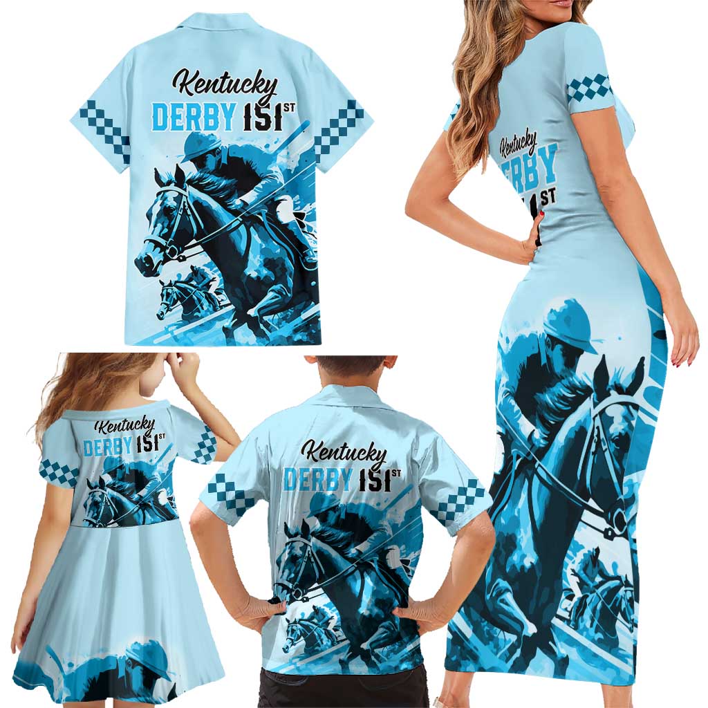 Kentucky Horse Racing Family Matching Short Sleeve Bodycon Dress and Hawaiian Shirt 151st Anniversary Sporting Art Blue Version LT9