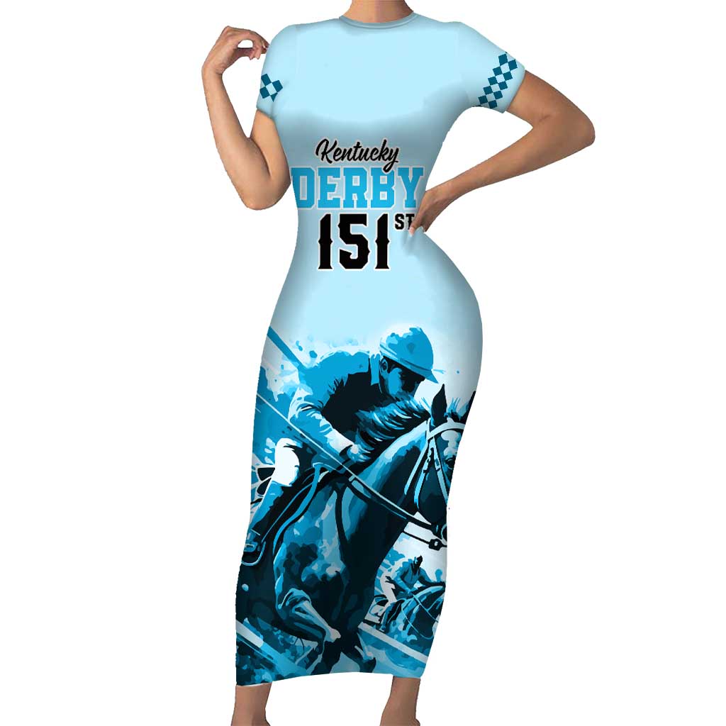 Kentucky Horse Racing Family Matching Short Sleeve Bodycon Dress and Hawaiian Shirt 151st Anniversary Sporting Art Blue Version LT9