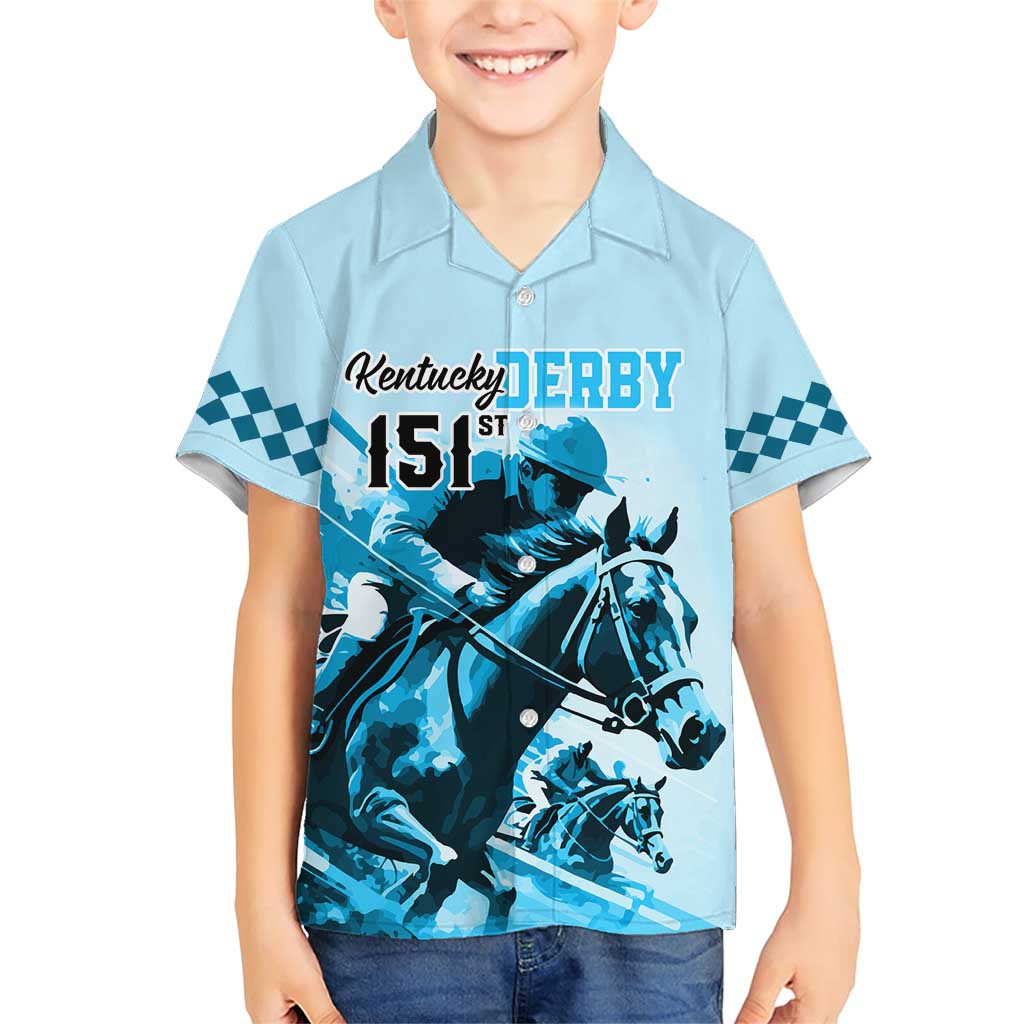 Kentucky Horse Racing Family Matching Short Sleeve Bodycon Dress and Hawaiian Shirt 151st Anniversary Sporting Art Blue Version LT9