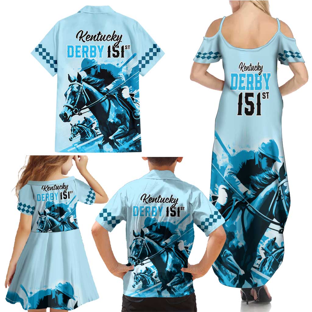 Kentucky Horse Racing Family Matching Summer Maxi Dress and Hawaiian Shirt 151st Anniversary Sporting Art Blue Version LT9
