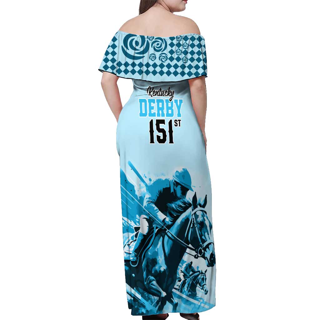 Kentucky Horse Racing Off Shoulder Maxi Dress 151st Anniversary Sporting Art Blue Version LT9