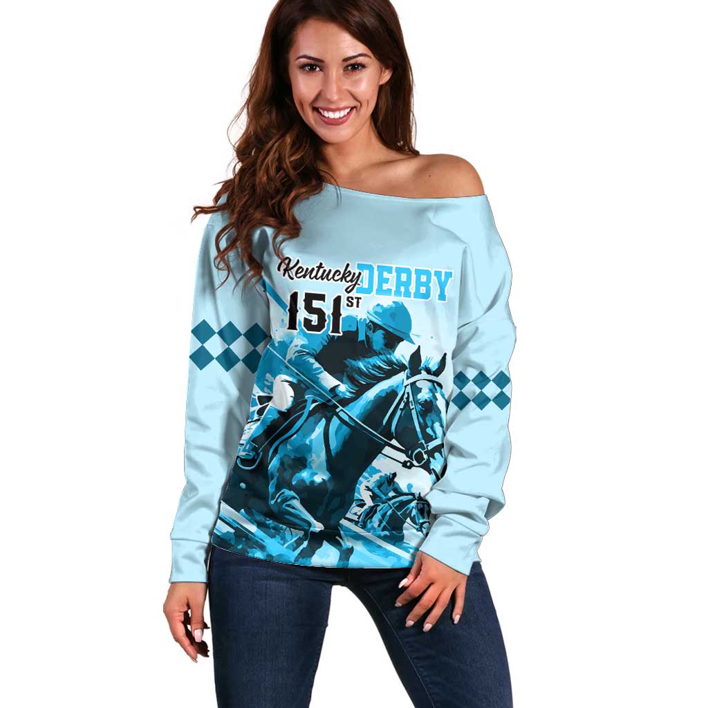 Kentucky Horse Racing Off Shoulder Sweater 151st Anniversary Sporting Art Blue Version LT9