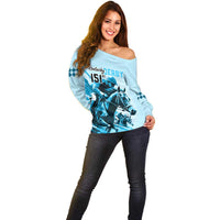 Kentucky Horse Racing Off Shoulder Sweater 151st Anniversary Sporting Art Blue Version LT9