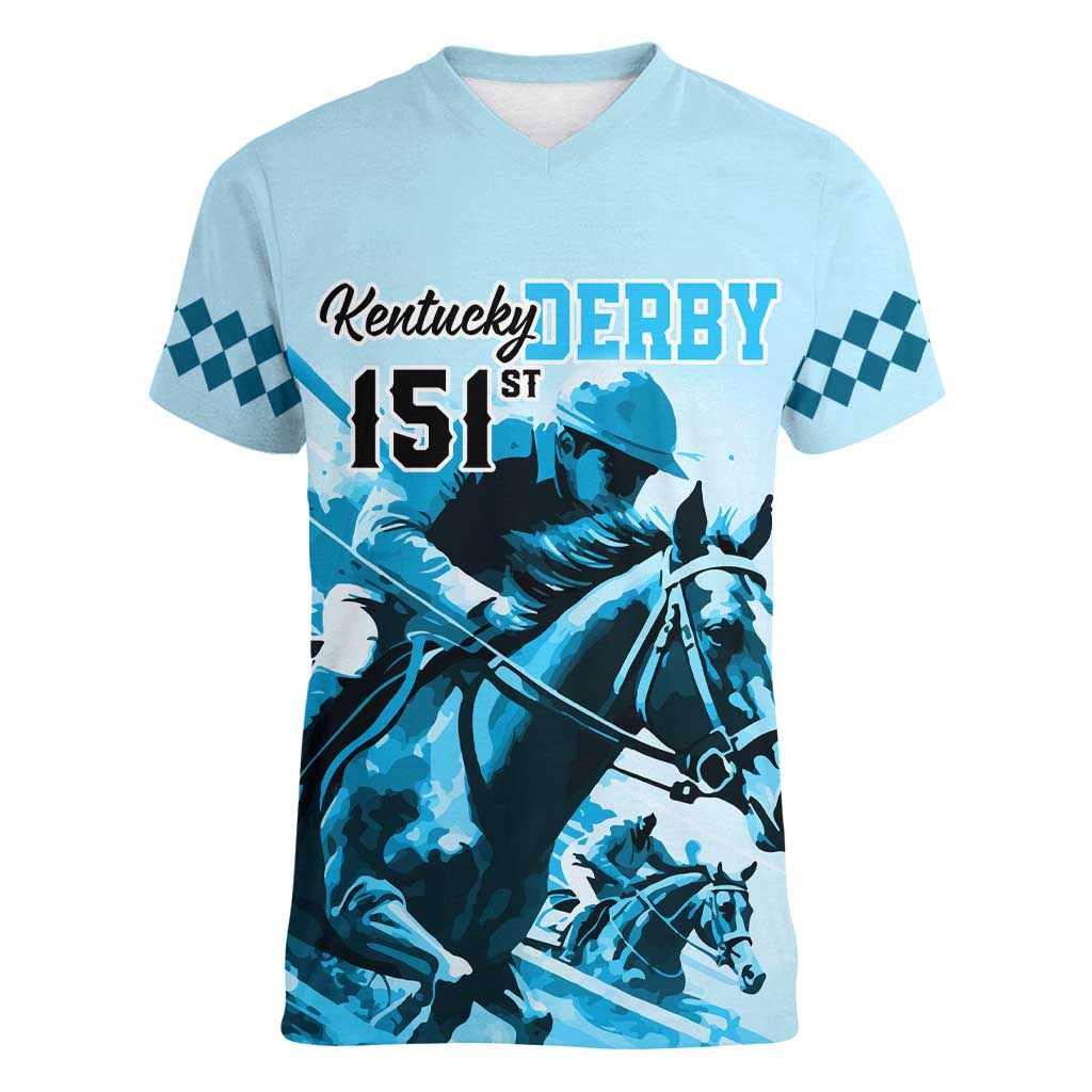 Kentucky Horse Racing Women V Neck T Shirt 151st Anniversary Sporting Art Blue Version LT9
