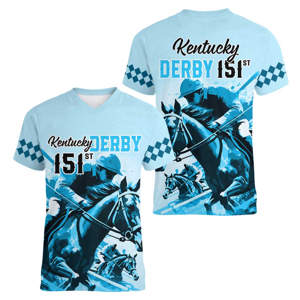 Kentucky Horse Racing Women V Neck T Shirt 151st Anniversary Sporting Art Blue Version LT9