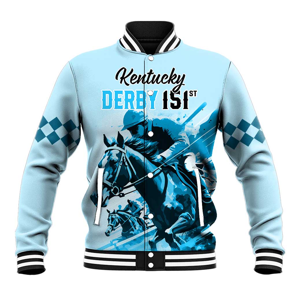 Personalised Kentucky Horse Racing Baseball Jacket 151st Anniversary Sporting Art Blue Version LT9