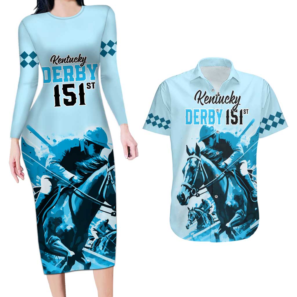 Personalised Kentucky Horse Racing Couples Matching Long Sleeve Bodycon Dress and Hawaiian Shirt 151st Anniversary Sporting Art Blue Version LT9